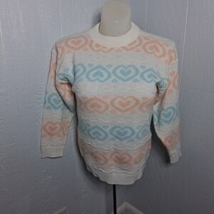 Vintage Pastel Heart Knit Sweater USA 80s Cottagecore Kawaii Soft Girl Coquette